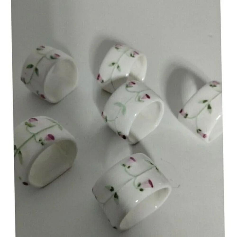 Vintage Porcelain Napkin Rings Set of‎ 6 Hand Painted Floral Made in Philippines